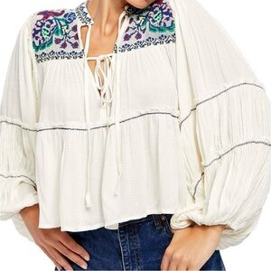 NWOT Free People Vivid Color Top with Embroidery - Sz XS in cream/multi